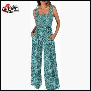 Polyester Jumpsuit Wide Leg Sleeveless Smocked Square Neck